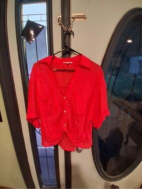 Women's Bright Red Short-Sleeve Button-Down Shirt with Collar